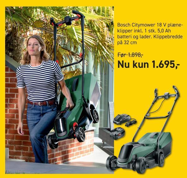 Johannes Fog Bosch citymower 18 v plæne klipper inkl. 1 stk. 5,0 ah batteri og lader tilbud