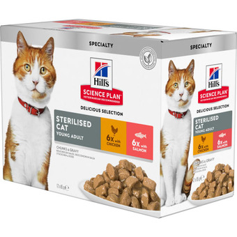 Land & Fritid Hill's science plan young adult sterilised cat vådfoder til katte, kylling og laks, 12 x 85 g tilbud
