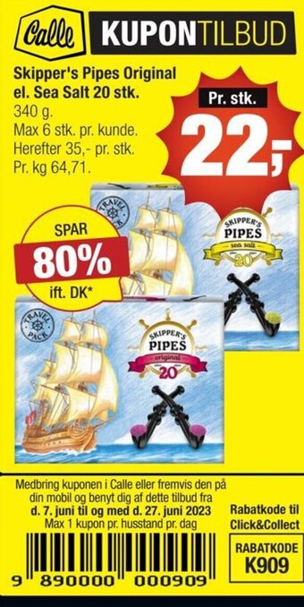 Calle Skipper's Pipes Original el. Sea Salt 20 stk. tilbud