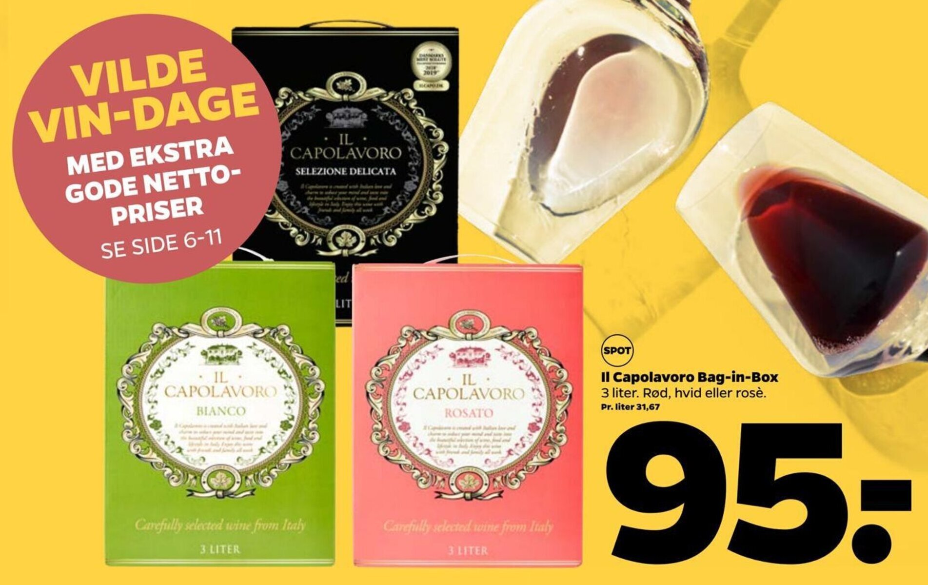 Netto Il Capolavoro Bag-in-Box 3 liter. Rød, hvid eller rosè. tilbud