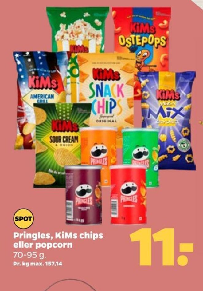 Pringles, KiMs chips eller popcorn 7095 g. tilbud hos Netto