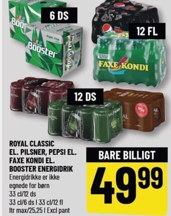 Løvbjerg ROYAL CLASSIC EL. PILSNER, PEPSI EL. FAXE KONDI EL. BOOSTER ENERGIDRIK tilbud