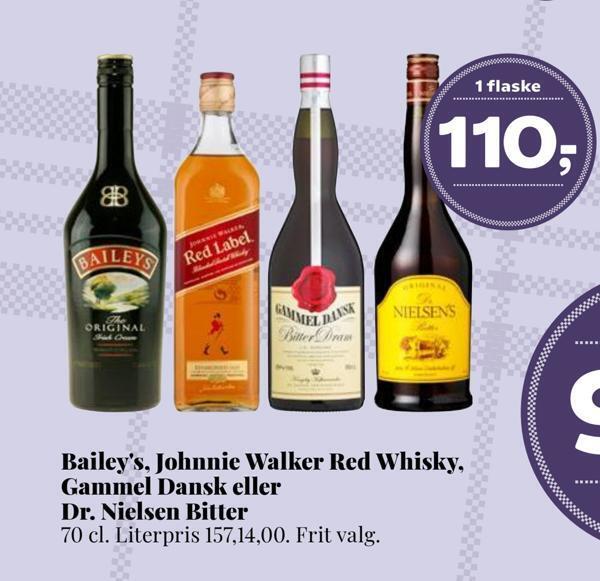 Dagli'Brugsen Bailey's, johnnie walker red whisky, gammel dansk eller dr. nielsen bitter tilbud