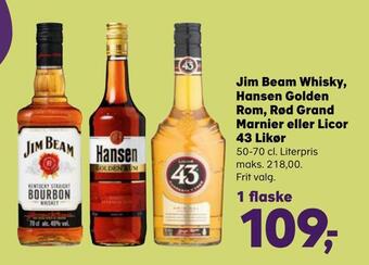 Jim beam whisky, hansen golden rom, rød grand marnier eller licor 43 likør