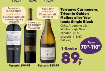 Kvickly Terrunyo carmenere, trivento golden malbec eller yea lands single block tilbud