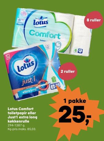 Kvickly Lotus comfort toiletpapir eller just1 extra long køkkenrulle tilbud