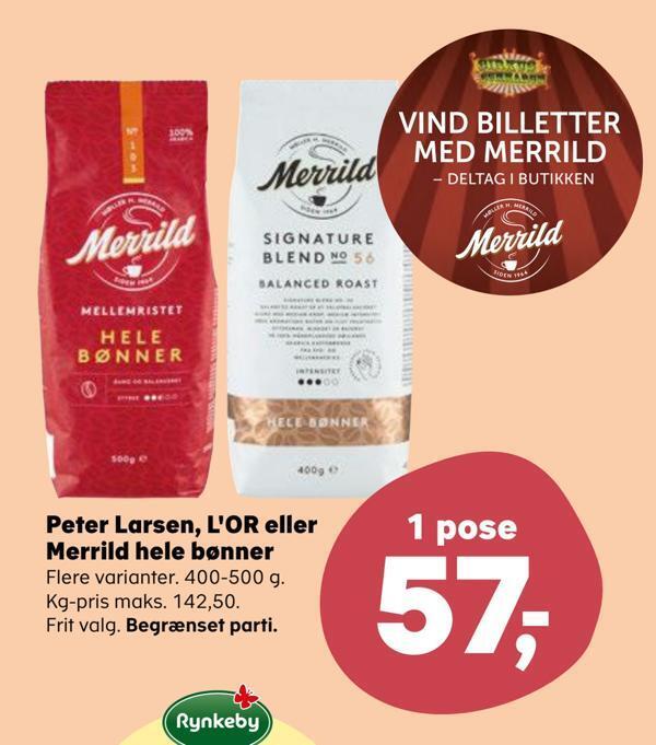 SuperBrugsen Peter larsen, l'or eller merrild hele bønner tilbud
