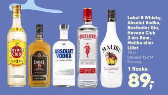 SuperBrugsen Label 5 whisky, absolut vodka, beefeater gin, havana club 3 års rom, malibu eller lillet tilbud