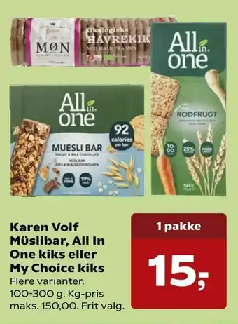 Kvickly Karen Volf Müslibar, All In One kiks eller My Choice kiks tilbud