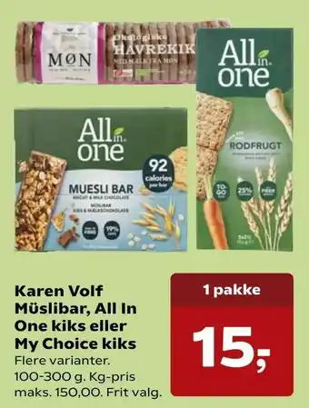 SuperBrugsen Karen Volf Müslibar, All In One kiks eller My Choice kiks tilbud