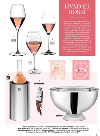 Roseglas, bøger, tjenerproptrækker, champagnebowle