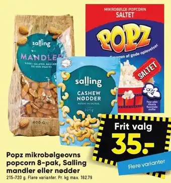 Bilka Popz mikrobølgeovne popcorn 8-pak salling mandler eller nødder tilbud