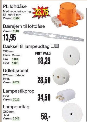 Pl loftdåse, bærejern til loftdåse, dæksel til lampeudtag, udløbsroset, lampestikprop eller lampeudtag