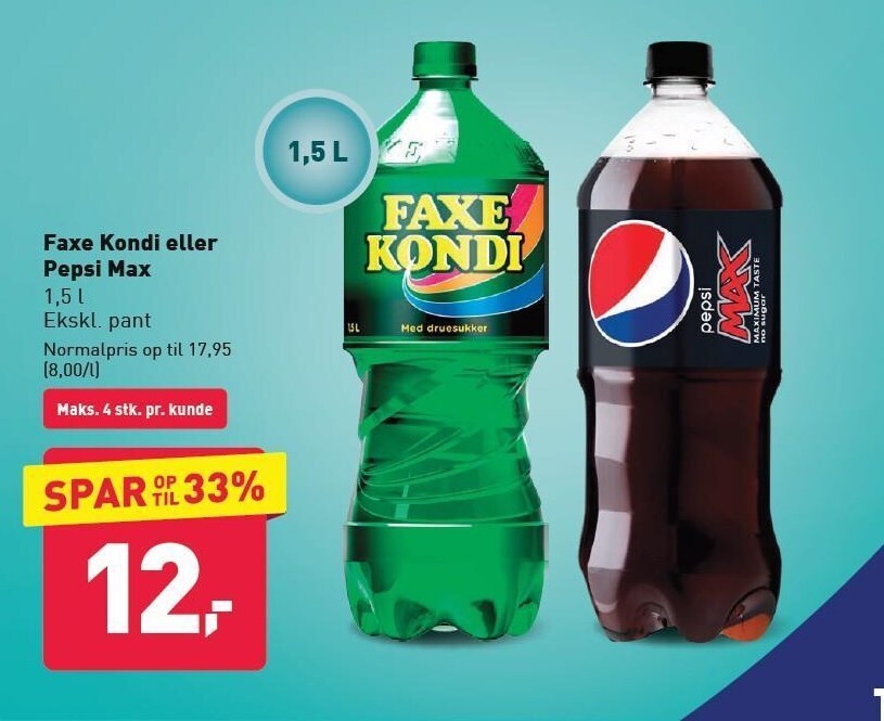 ALDI Faxe kondi eller pepsi max 1,5 l. tilbud