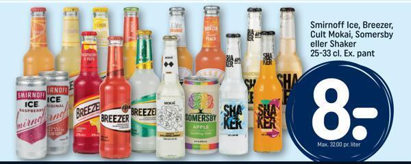 Rema 1000 Smirnoff ice, breezer, cult mokai, somersby eller shaker tilbud