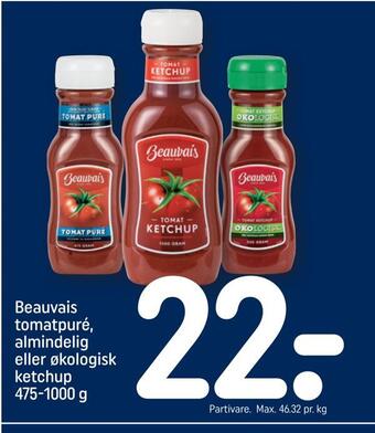 REMA 1000 Beauvais tomatpuré, almindelig eller økologisk ketchup tilbud