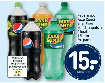 REMA 1000 Pepsi max, faxe kondi eller faxe kondi appelsin 0 kcal tilbud