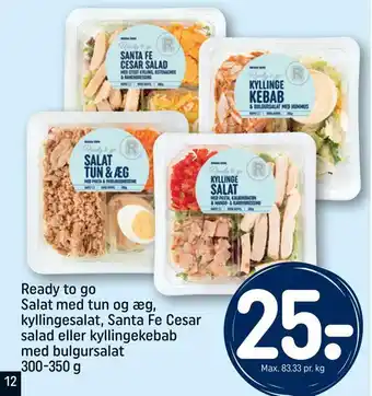 REMA 1000 Ready to go salat med tun og æg, kyllingesalat, santa fe cesar salad eller kyllingekebab med bulgursalat tilbud