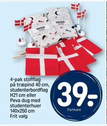 4-pak stofflag på træpind 40 cm, studenterbordflag h21 cm eller peva dug med studenterhuer 140x250 cm
