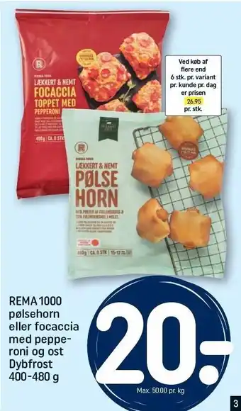 REMA 1000 Rema 1000 pølsehorn eller focaccia med pepperoni og ost tilbud