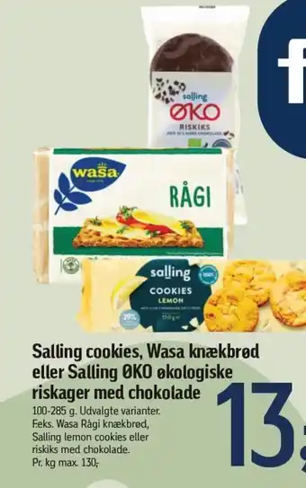 Føtex Salling cookies, Wasa knækbrød eller Salling ØKO økologiske riskager med chokolade tilbud