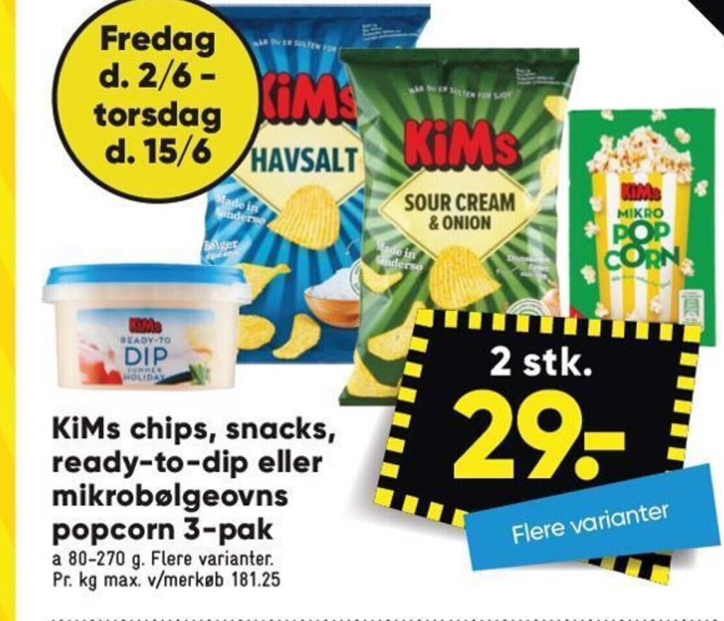 KiMs chips, snacks, readytodip eller mikrobølgeovns popcorn 3pak tilbud hos Bilka