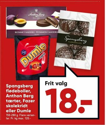 Bilka Spangsberg flødeboller, Anthon Berg tærter, Fazer skolekridt eller Dumle tilbud