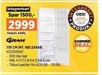 Gram 178 cm int. køleskab