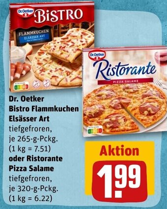 REWE DE Dr. Oetker Bistro Flammkuchen Elsässer Art oder Ristorante Pizza Salame tilbud