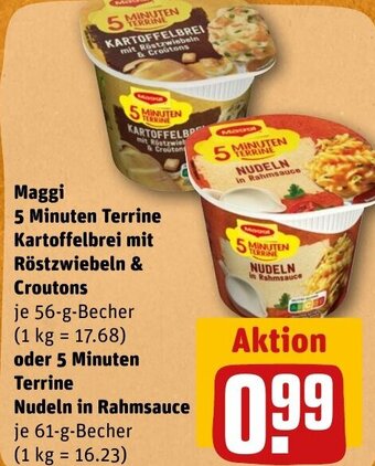 REWE DE Maggi 5 Minuten Terrine Kartoffelbrei mit Röstzwiebeln & Croutons oder 5 Minuten Terrine Nudeln in Rahmsauce tilbud