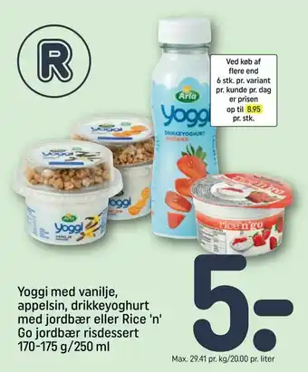 REMA 1000 Yoggi med vanilje, appelsin, drikkeyoghurt med jordbær eller Rice 'n' Go jordbær risdessert tilbud