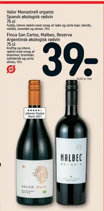 REMA 1000 Valor Monastrell organic Spansk økologisk rødvin, Finca San Carlos, Malbec, Reserva Argentinsk økologisk rødvin tilbud