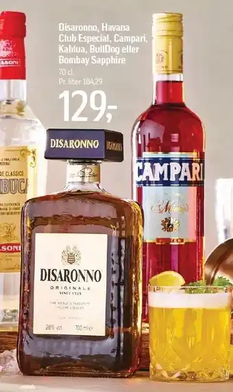 Føtex Disaronno, havana club especial, campari, kahlua, bulldog el. bombay sapphire tilbud