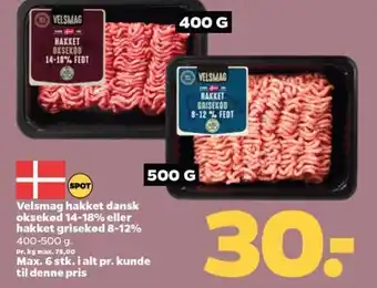 Netto Velsmag hakket dansk oksekød 14-18% eller hakket grisekod 8-12% 400-500 g. tilbud