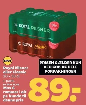 Netto Royal Pilsner eller Classic 20 x 33 cl. tilbud