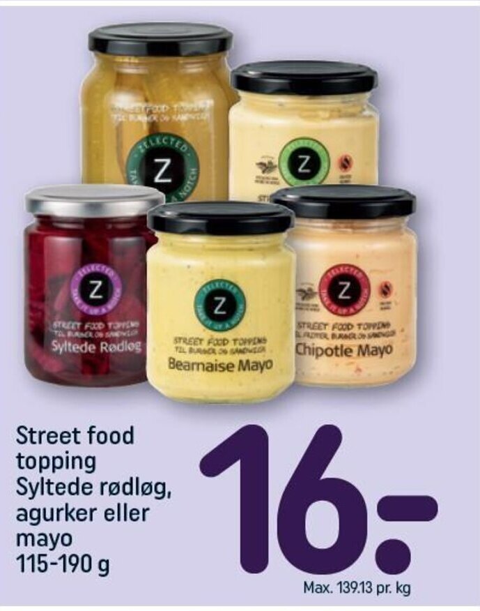 Street food topping Syltede rødløg, agurker eller Mayo tilbud hos Rema 1000