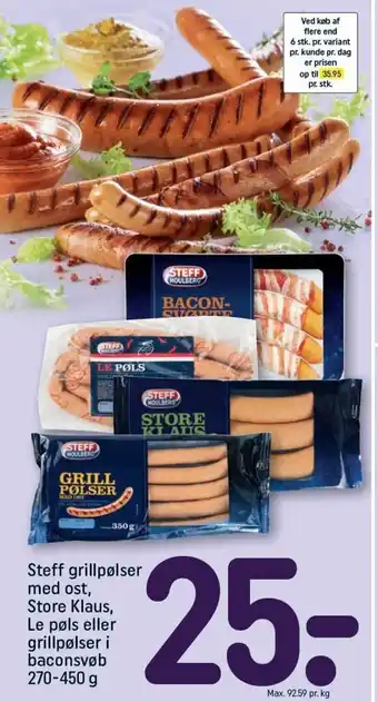REMA 1000 Steff grillpølser med ost, Store Klaus, Le pøls eller grillpølser i baconsvøb 270-450 g tilbud