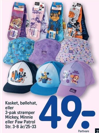 Kasket, bøllehat, 3-pak strømper Mickey, Minnie eller Paw Patrol