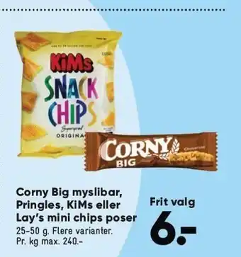 Bilka Corny big myslibar, pringles, kims eller lay´s mini chips poser tilbud