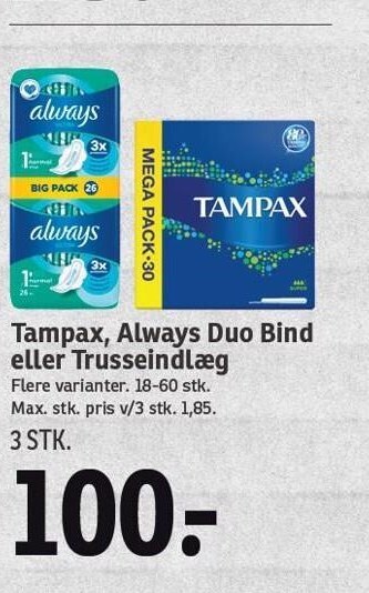 SPAR Tampax, always duo bind eller trusseindlæg tilbud