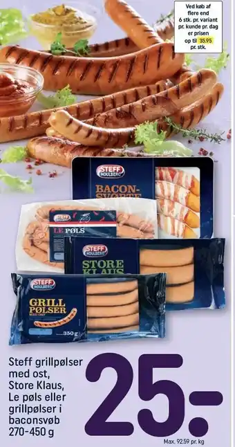 REMA 1000 Steff grillpølser m. ost, store klaus, le pøls el. grillpølser i baconsvøb tilbud