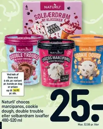 REMA 1000 Naturli' chocos marcipanos, cookie dough, double trouble el. solbærdrøm isvafler tilbud
