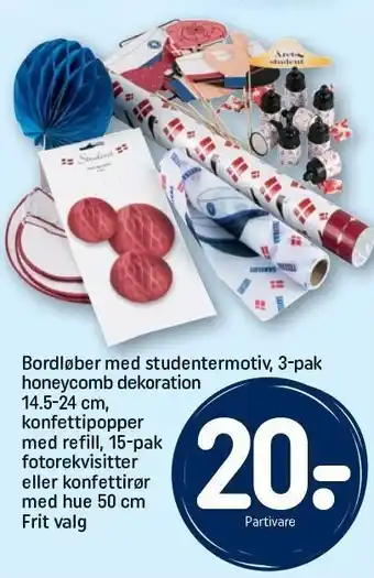 Bordløber med studentermotiv, 3-pak honeycomb dekoration, konfettipopper med refill, 15-pak fotorekvisitter eller konfettirør