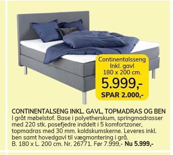 Daells Bolighus Continentalseng inkl. gavl, topmadras og ben tilbud