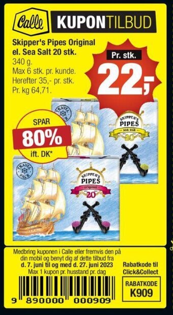 Calle Skipper's Pipes Original el. Sea Salt 20 stk. tilbud