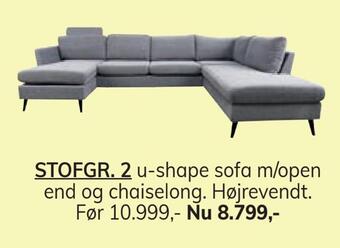 Daells Bolighus Stofgr. 2 u-shape sofa m/open end og chaiselong tilbud