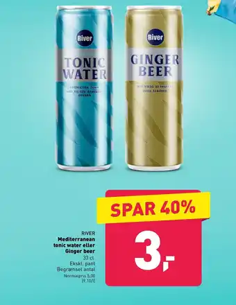 ALDI RIVER Mediterranean tonic water eller Ginger beer tilbud