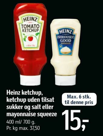 Føtex Heinz ketchup, ketchup uden tilsat sukker og salt eller mayonnaise squeeze tilbud