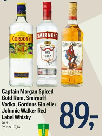 Føtex Captain Morgan Spiced Gold Rom, Smirnoff Vodka, Gordons Gin eller Johnnie Walker Red Label Whisky tilbud