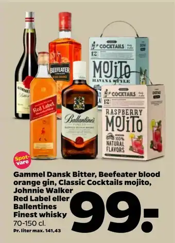 Netto Gammel Dansk Bitter, Beefeater blood orange gin, Classic Cocktails mojito, Johnnie Walker Red Label eller Ballentines Finest  tilbud